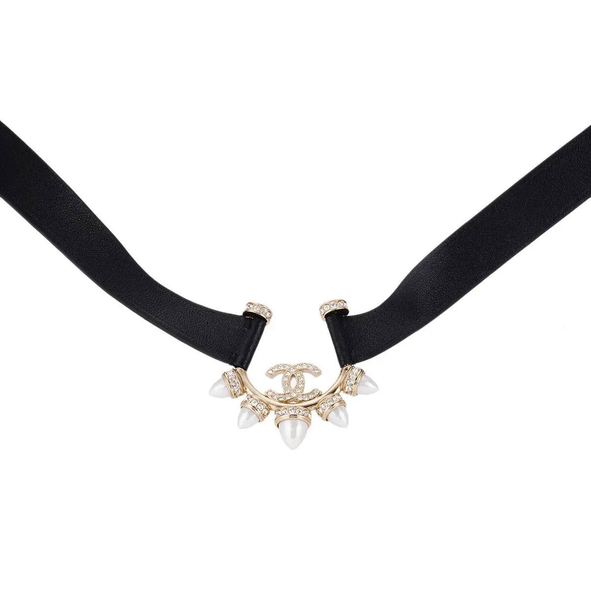 Pre-owned Chanel 22C Gold Tone & Leather Choker with Pearl Spikes JLP011156