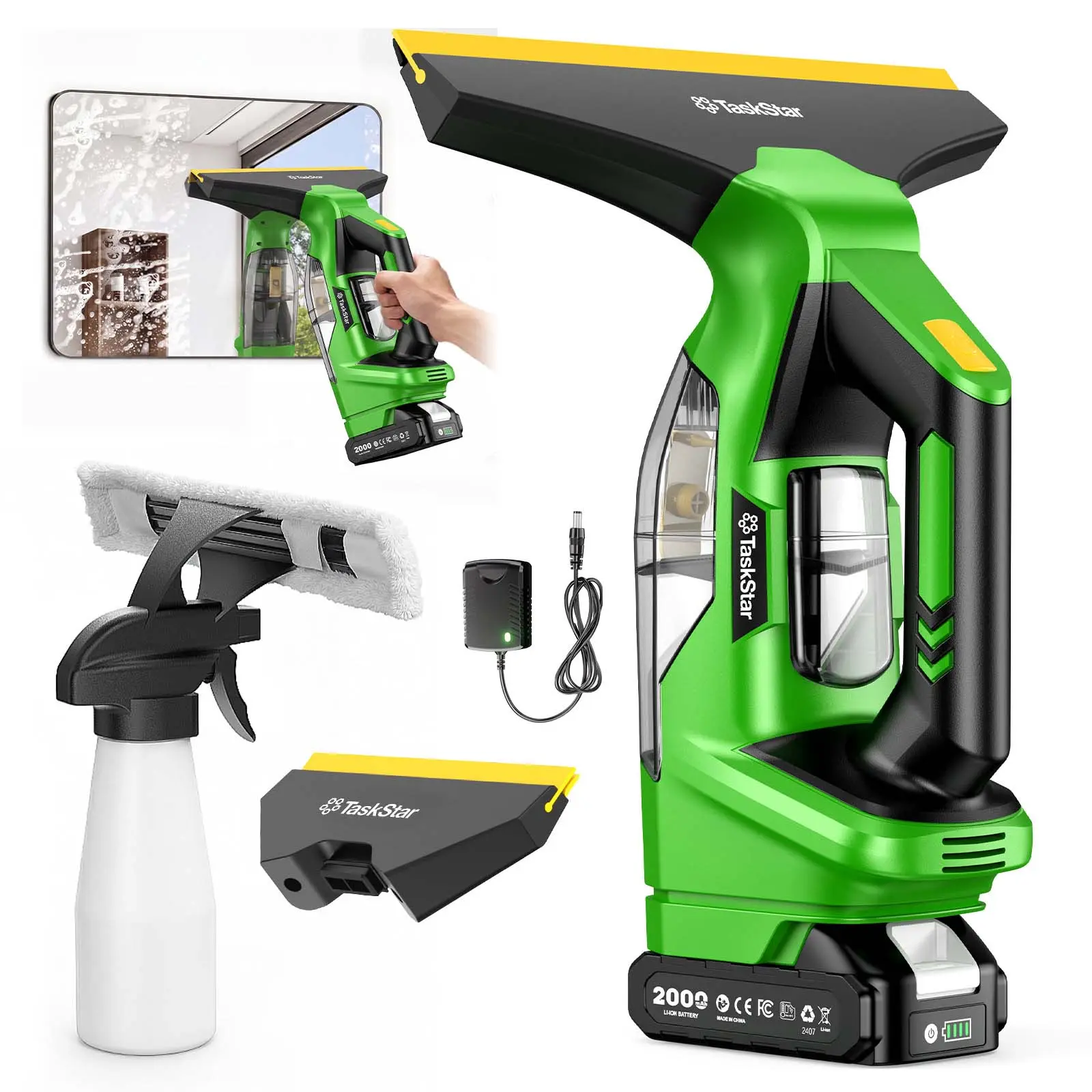 TaskStar Window Vacuum Squeegee Cordless, 2000Pa Electric Window Cleaner Tool | with a 2000mAh battery, Window Cleaning Kit Shower Squeegee for Glass Doors, Tiles, Mirrors, Car
