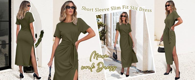 ANRABESS Women’s Summer Short Sleeve Crewneck T Shirt Maxi Dress Tie Waist Casual Slim Fit Slit Beach Dresses Vacation Outdoor Soft Long Dress