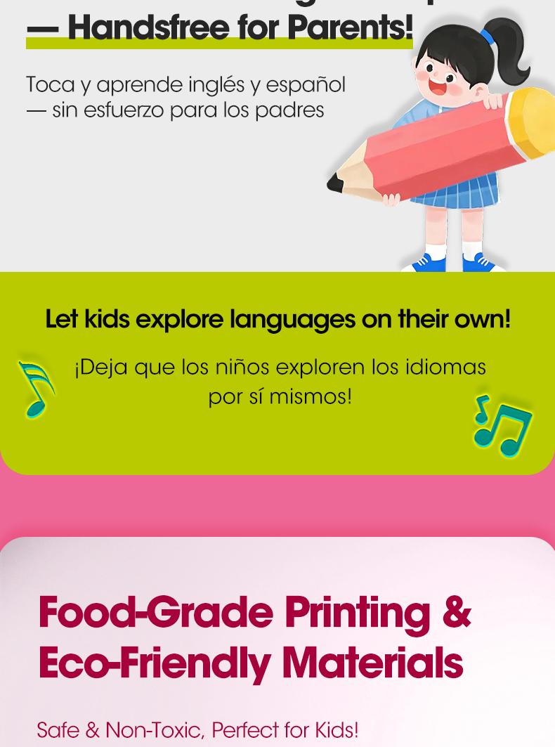 Interactive Talking Sound Picture Book for Kids , Spanish & English Bilingual, 300+ Words15 Themes6 Songs Q&A Learning Games, Screen-Free Preschool Educational Toy for Toddlers, Early Learning at Home & Travel, Valentines Day Gifts for Kids Animals