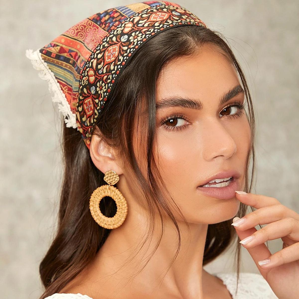 3 Pack Hair Scarf Headband for Women Elastic Bandana Head Scarf Large Ethnic Style Triangle Kerchief with Clips Non Slip Scarves