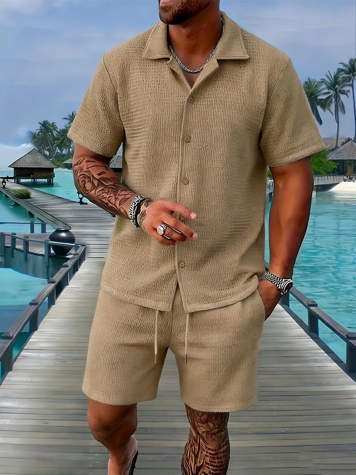Men's solid color summer vacation set, regular style, paired with textured button down short sleeved shirt and matching drawstring shorts, easily interprets the exquisite coastal style, casual travel, vacation and leisure SpringStatements Clothes Beige