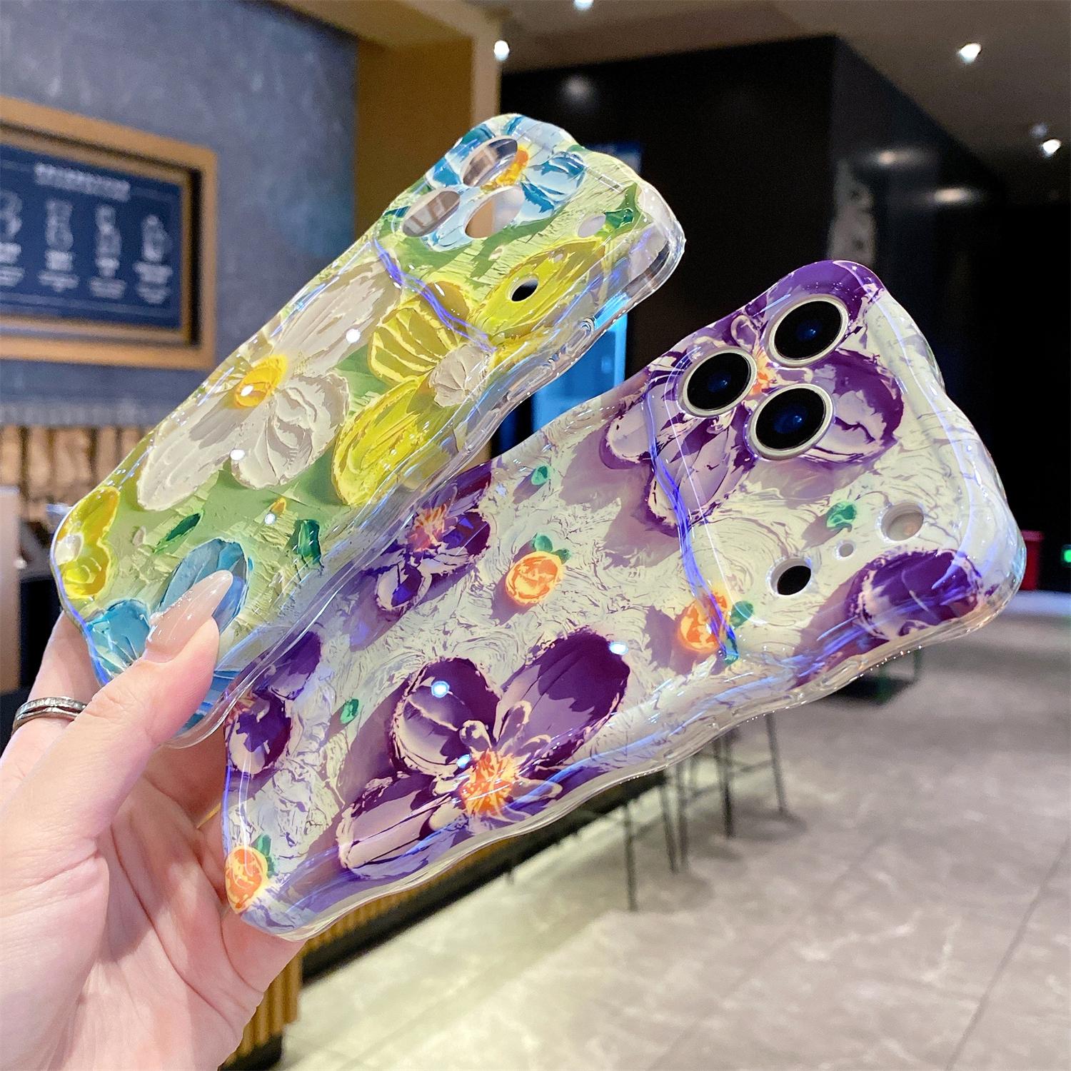 Colorful Retro Oil Painting Flower Pattern Compatible with iPhone 17 Pro Max/ 16/15/ 14/13,Pretty Glossy Pattern Wave Cover Cute Sparkly Floral TPU Protective Case for Women and Girl