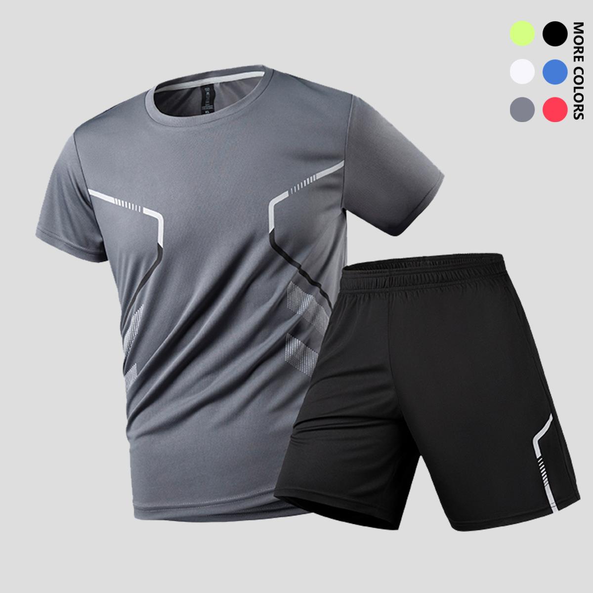 Men's spring/summer two-piece running set made with moisture-wicking, breathable, quick-dry fabric (short-sleeve shirt and shorts).Perfect for gym workouts, outdoor basketball, hiking, and mountain climbing.