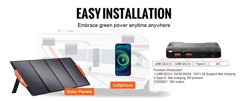 VEVOR Portable Solar Panel, TikTokShopBlackFriday, Monocrystallin 100-200W Foldable e ETFE Solar Charger, 23% Efficiency Solar Panel with Type C, DC 18V, QC3.0 USB Port, IP67 Waterproof for Home, Off Grid, Hiking