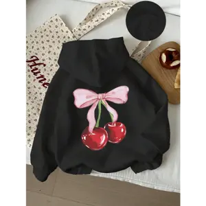 Women'S Casual Hoodie with Cherry Bow Graphic Print, Drawstring Hooded Sweatshirt, All-Season  Fabric Pullover- Cozy & Stylish