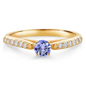 Gem Stone King 10K Yellow Gold Blue Tanzanite and White Lab Grown Diamond Engagement Ring For Women (0.36 Cttw, Gemstone December Birthstone, Round 3.5MM)