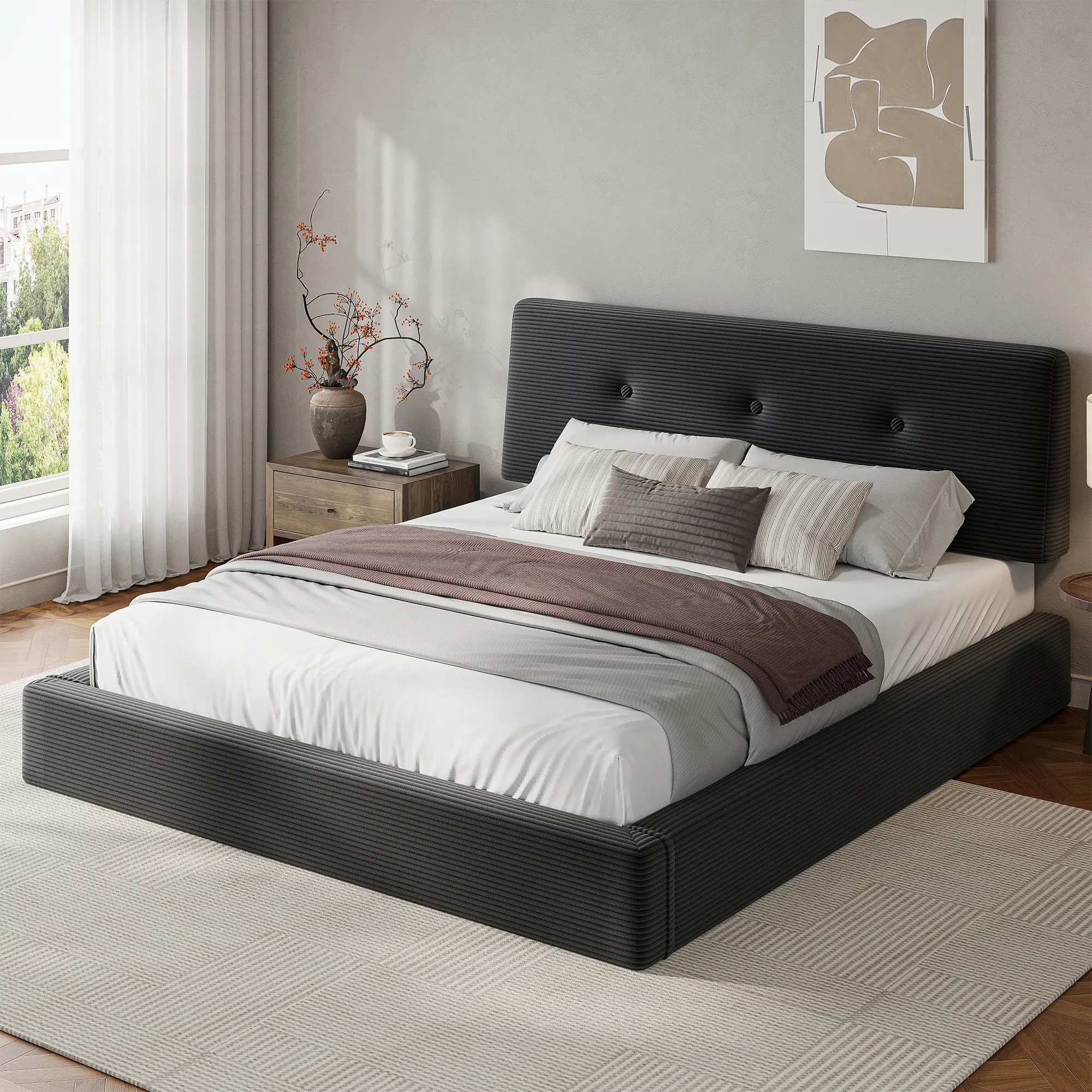 Raybee Cloud-Inspired Corduroy Platform Bed Frame with Ergonomic Headboard, Adjustable Height, Soft Padded Edges, Easy Assembly, 882 lbs Metal Support, No Box Spring Needed for Full Queen King Size