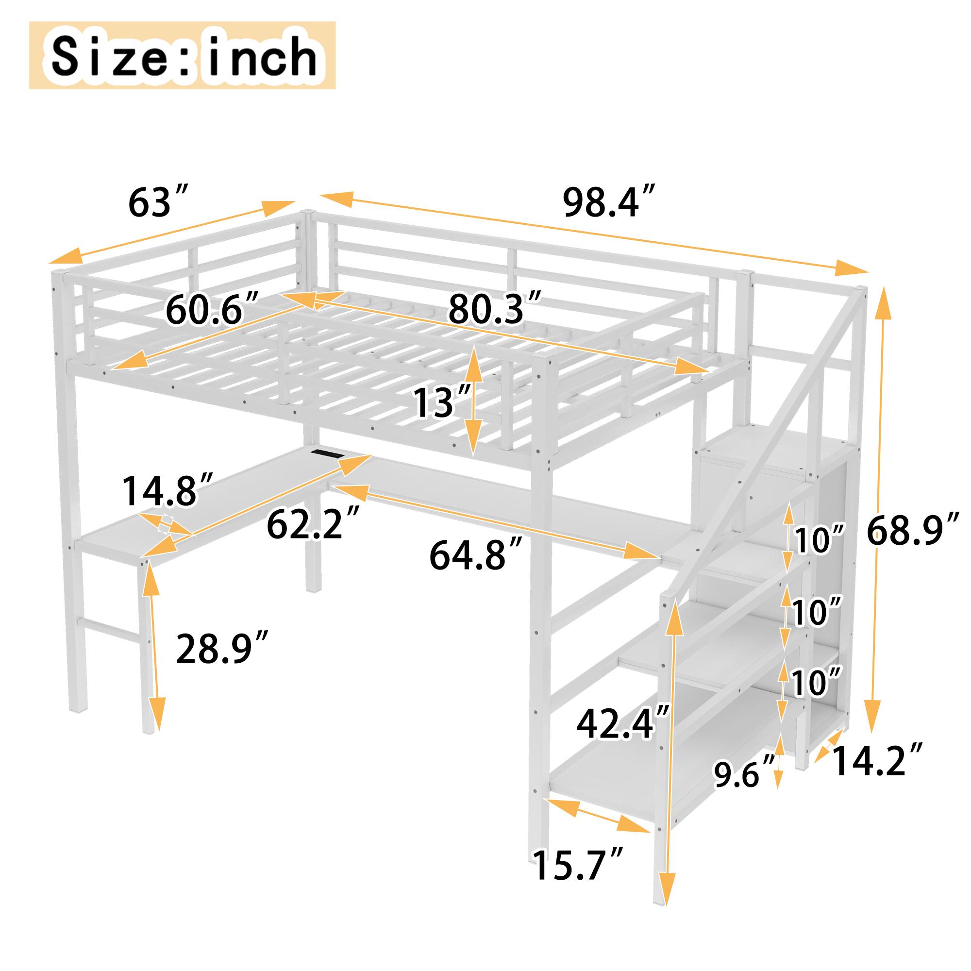 Attic bed with L-shaped desk and USB interface, metal loft bed with wardrobe and adjustable shelf, high loft bed with LED lights for adults