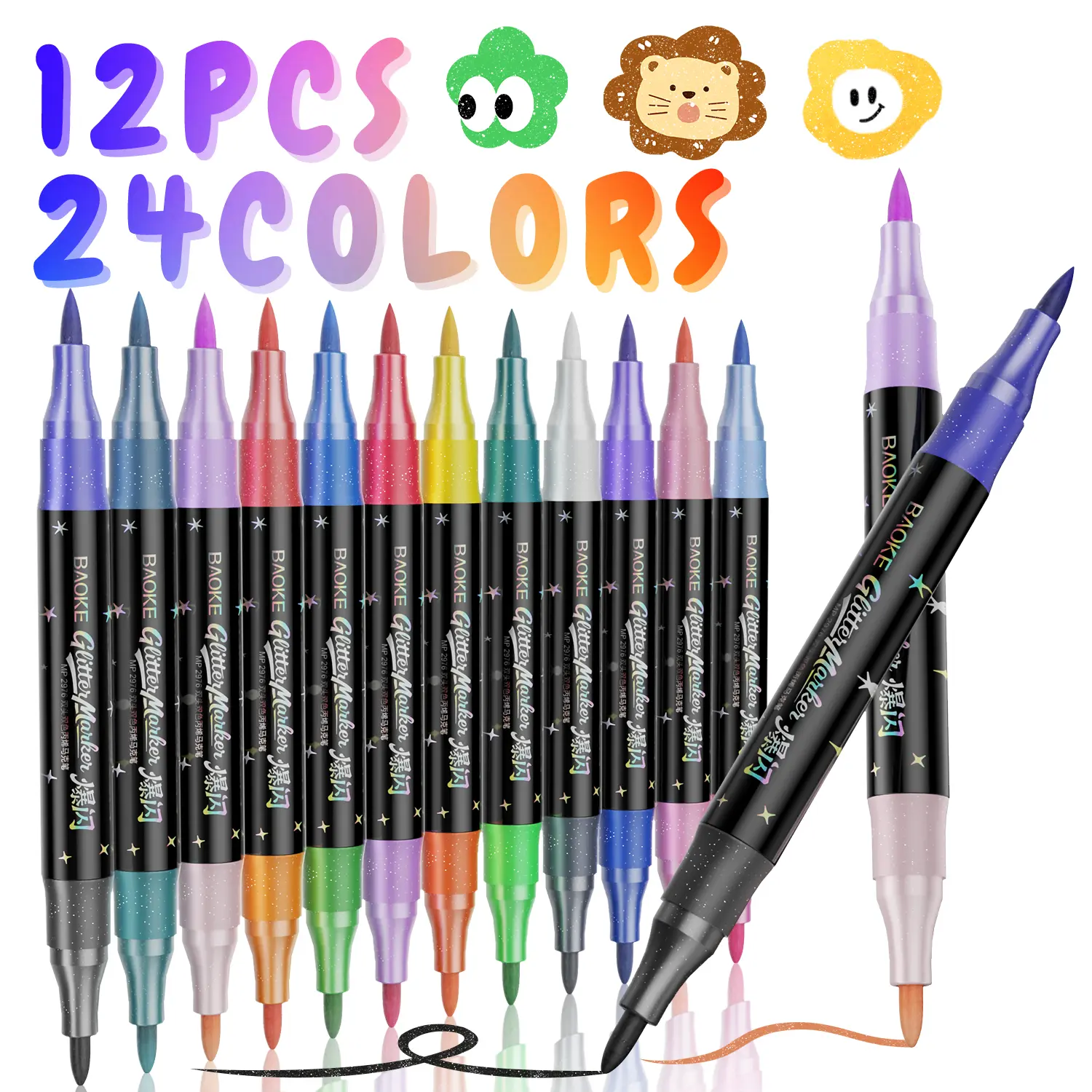 24-Color Dual-Tip Acrylic Glitter Paint Markers, Glitter Pens for Kids Age 3+, Unisex Arts & Crafts Supplies for Rock, Wood Projects