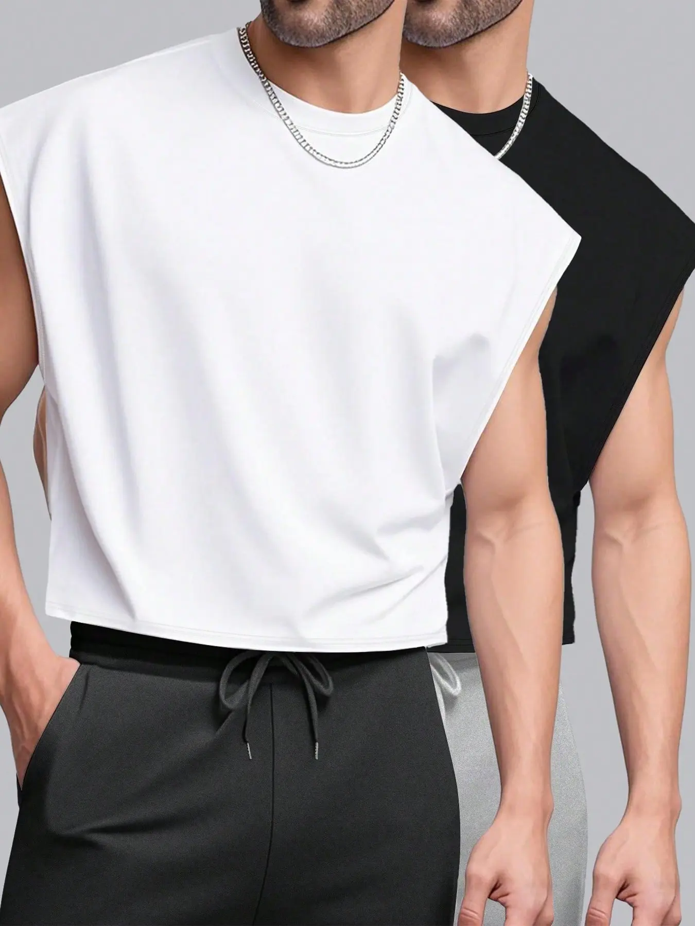 Men's Cropped Muscle Tank Top, Menswear Plain Solid Black And White Loose Sleeveless Top, Casual Loose Basic Minimalist Streetwear Design, Breathable And Comfortable, Ideal For Summer Fitness And Urban Daily Wear