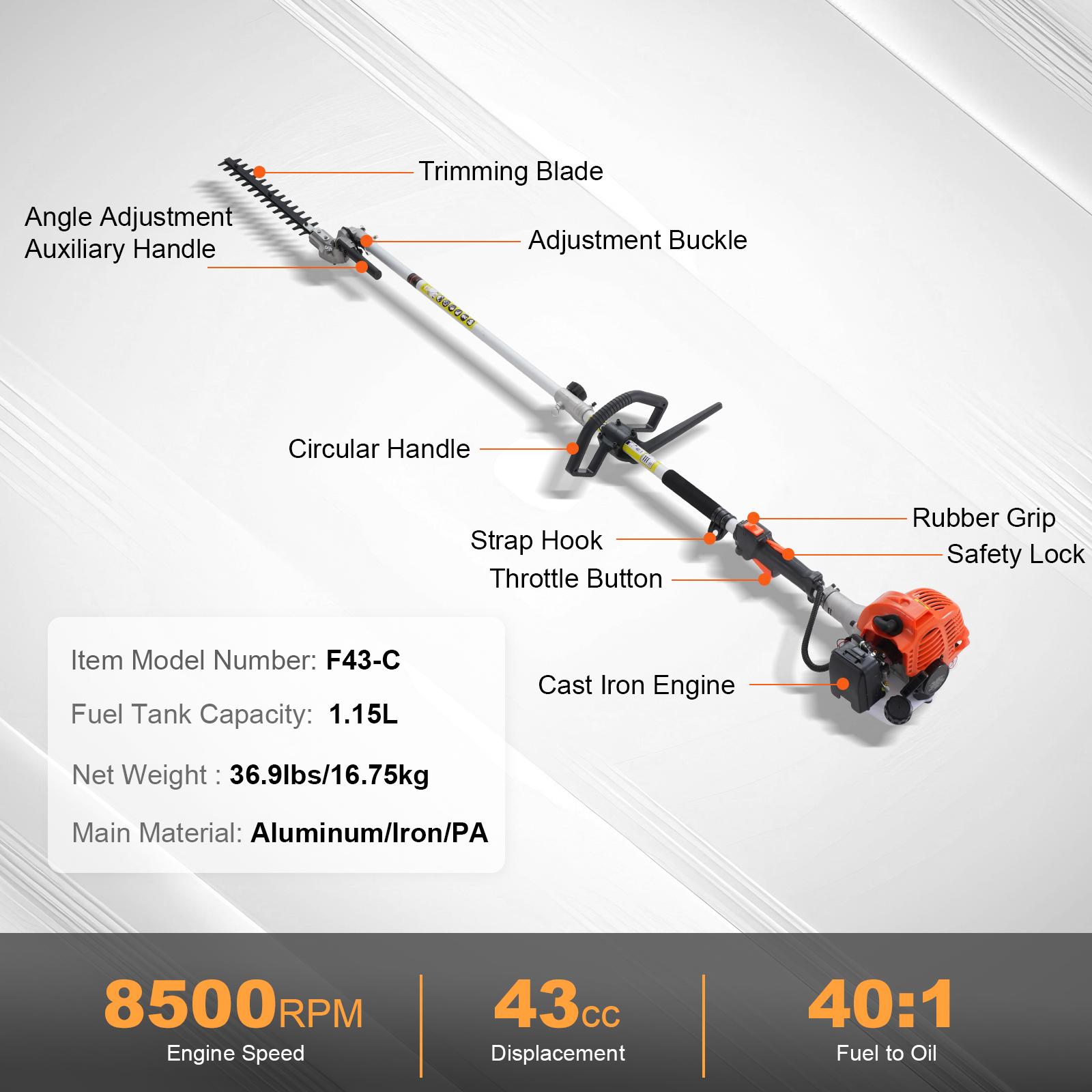 26CC&43CC 6-in-1 Multi-Functional Trimming Tools, Gas Hedge Trimmer, Weed Eater, String Trimmer, Brush Cutter, Edger, Pole Saw Chainsaw Pruner with Extension Pole