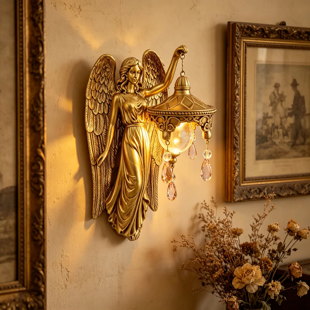 Gold Angel Dimmable Wall Sconce - Antique Metal Frame, Vintage Crystal Drop Sculpture, Gentle Glow LED Lights, Indoor Lighting, Bathroom Wall Glow, Fits on Any Surface, Decorative Bedroom Lamp (Batteries Compatible), Home Improvement