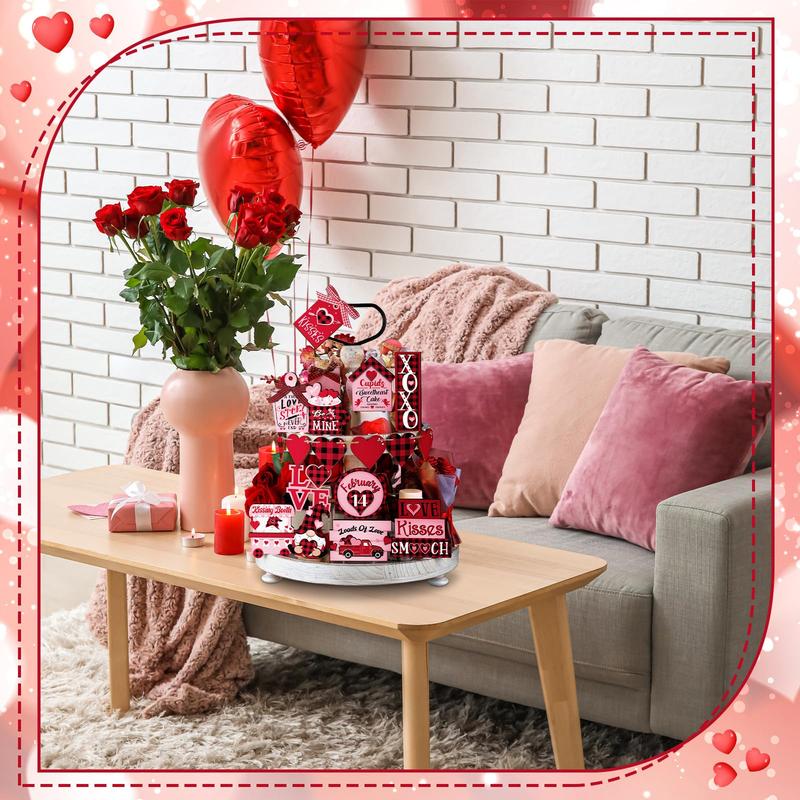 Valentine's Day Wooden Tiered Tray Decor 20 Pcs without Tray, Gnome Love Letter Dwarf Car Design Table Decor Wooden Ornament Desktop Tabletop Centerpiece Romantic Decor for Anniversary Wedding Party Room Bedroom Kitchen Home Valentines Gift