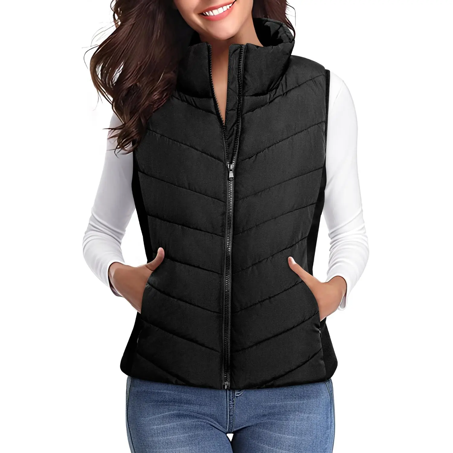 Dokotoo Women's Quilted Vest Lightweight Puffer Gilet Zip Outerwear Sleeveless,Stand Collar Zip-Up Fall Clothes Winter Jackets Warm Coats with Pocket Flattering Fit for Travel Hiking Daily Wear Minimalist Tops