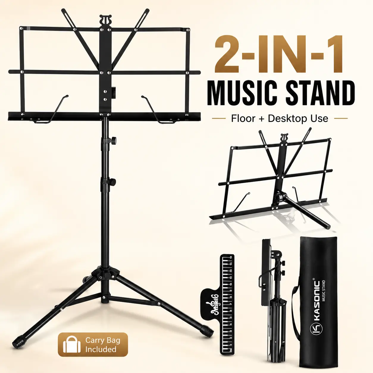 K KASONIC 2-in-1 Folding Music Stand (1 Pack), Adjustable Height 28.7-51.2 Inches, Portable Sheet Music & Desktop Book Stand with Storage Bag for Piano, Guitar Practice