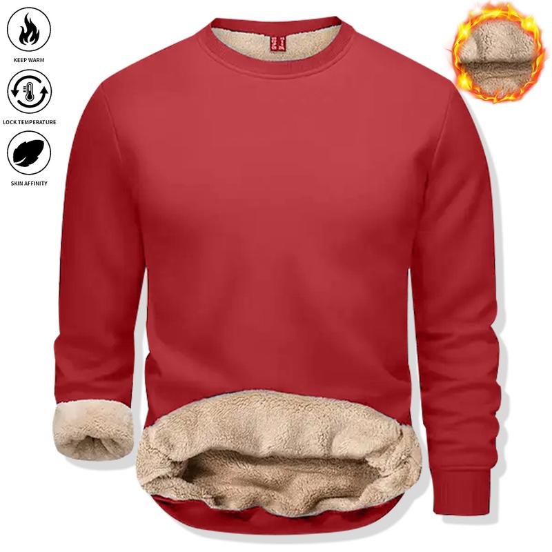 Men's Solid Color Crew Neck Warm Shirt, Autumn and Winter Casual Long Sleeve Top, Casual Warm Style, Made with Windproof Fabric with Faux Lambswool Lining for Everyday Men's Clothing