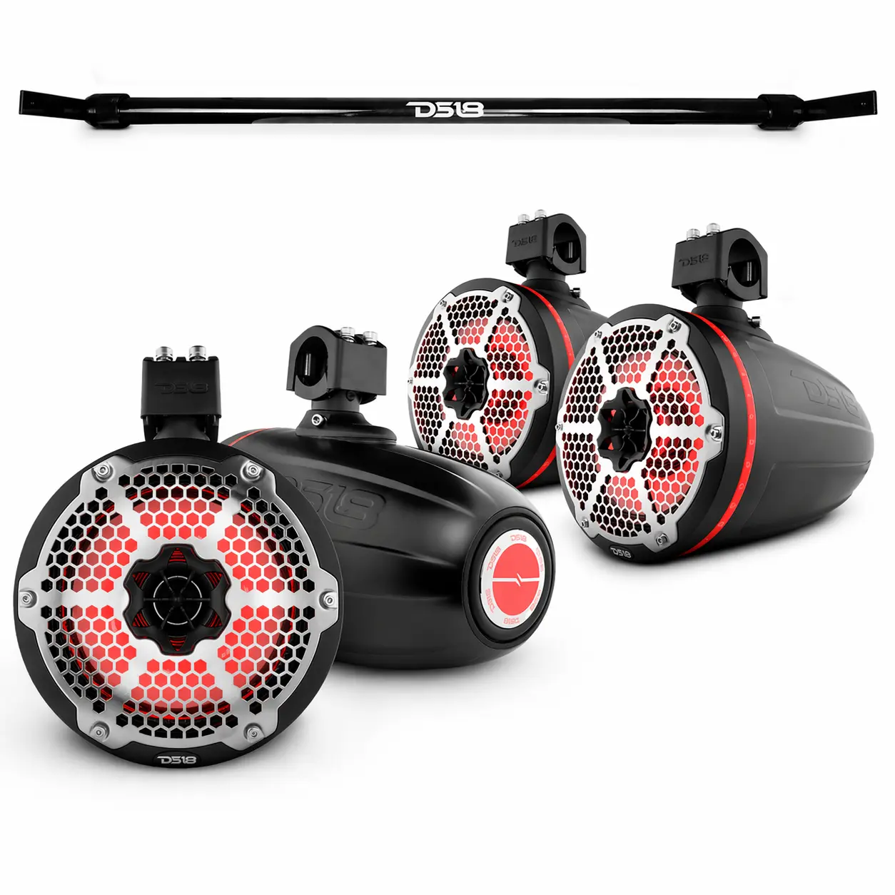 DS18 Adjustable Jeep Gladiator JT Mounting Bar Auto Accessories Bundle with 4x 8in Marine Tower Speakers, RGB LED Audio Components