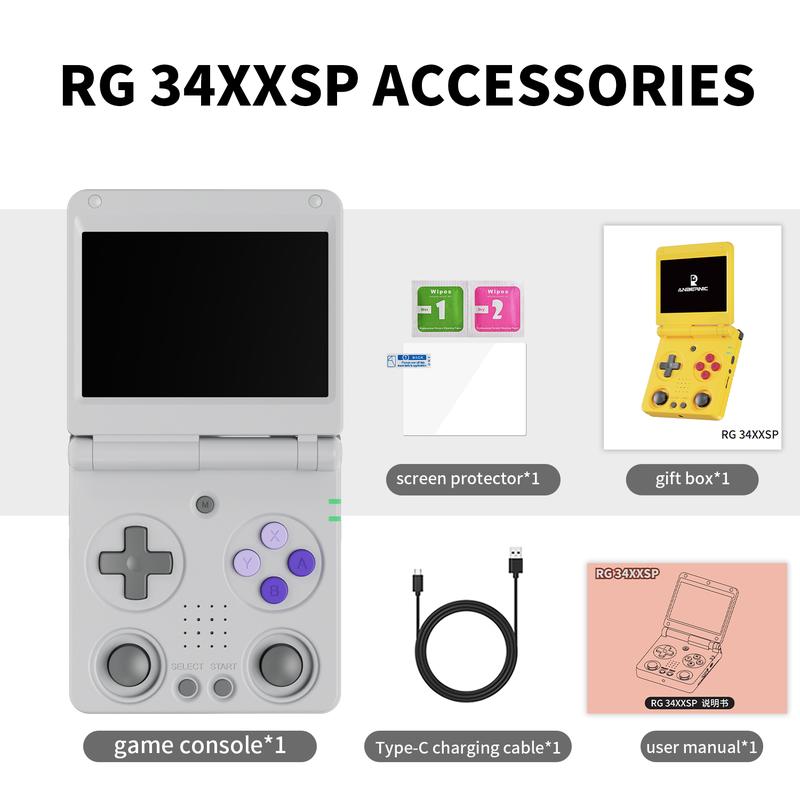 ANBERNIC RG 34XXSP Handheld Game Console 3.4-inch RG34XXSP Foldable Handheld Console Linux 64-bit System With Double Joystick Battery 3300mAH Children's Holiday Gifts Box Mini Digital Portable