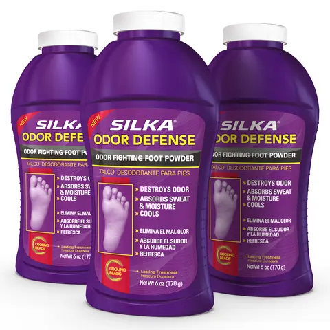 SILKA Odor Fighting Foot Powder & Shoe Deodorizer (6oz, Pack of 3) - Corn Starch, Talc, Cooling Beads, Fragrance-Enhanced, Lightweight - Daily Use - Absorbs Moisture & Sweat - Longwear Freshness - Odor Protection Foot Treatments & Remedies