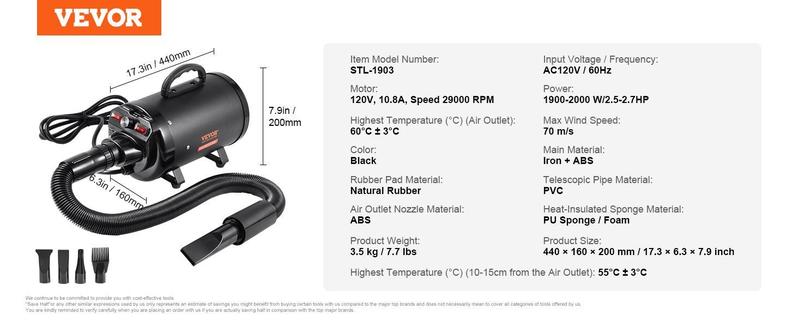 VEVOR Dog Dryer, 2000W/2.7HP Dog Blow Dryer, Pet Grooming Dryer with Adjustable Speed and Temperature Control, Pet Hair Dryer with 4 Nozzles and Extendable Hose, Black