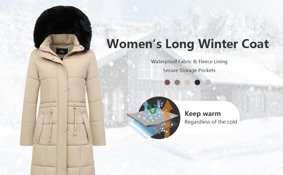 Women's Winter Coat Long Waterproof Parka Warm Snow Jacket with Detachable Faux Fur Hood Adjustable Drawstring Waist Pockets Thermal Insulation Chic Puffer Style