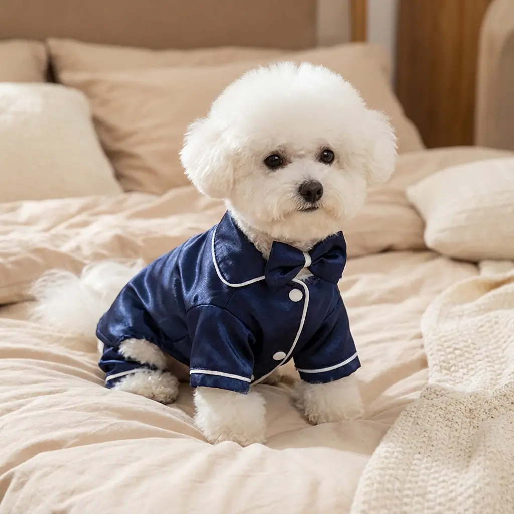 Pet 2-Piece Silk Pajama Set with Bow Headband & Shirt - Cozy Soft Sleepwear for Teddy Bichon Pomeranian Bulldogs - Comfortable Night Wear for Puppies Cats - Deep Blue, Shirts