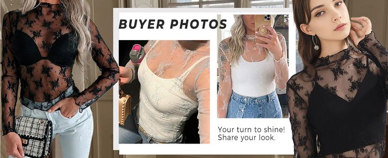 Naeduo Womens Mesh Tops Lace Long Sleeve Mock Neck Blouse Floral Sheer See Through Sexy Tops Shirt with Thumb Hole