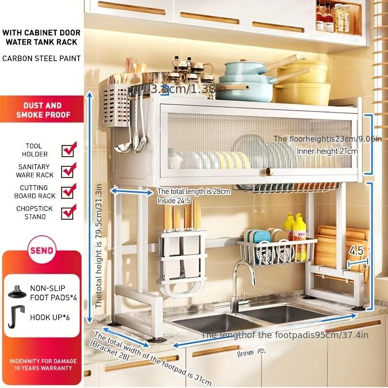 Multi-Functional Kitchen Storage Rack with Cabinet Door Access - Black Metal Countertop Organizer for Dishes, Utensils, and Cookware with Drain Tray, Towel Holder, and Spice Shelf, Sink Storage Solution Functional Kitchen Accessory