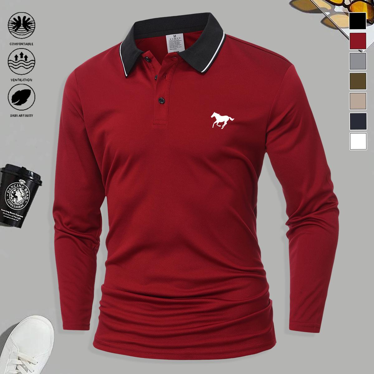 5PCS Men’s Polo Collar Long Sleeve Top, stylish, simple, multifunctional, fashionable print design, available in multiple colors, sporty casual, soft and comfortable