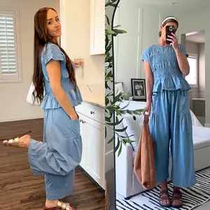 omen’s  2-Piece Smocked Top & Wide-Leg Pants Set–High-Waisted Lounge Teacher's Outfit with Pockets Casual Boho Matching Set