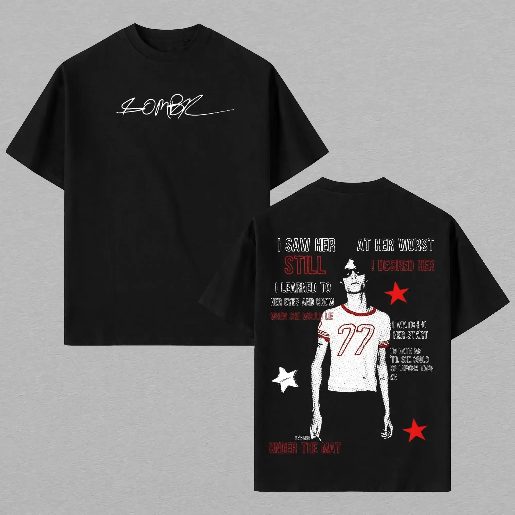 Sombr Under The Mat Tee, Indie Alternative Graphic Shirt, Black Red Aesthetic Music Merch, Vintage Grunge Streetwear T-Shirt, Double Sided Lyric Fan Tee, Emo Rock Oversized Unisex Top, Casual Band Inspired Gift