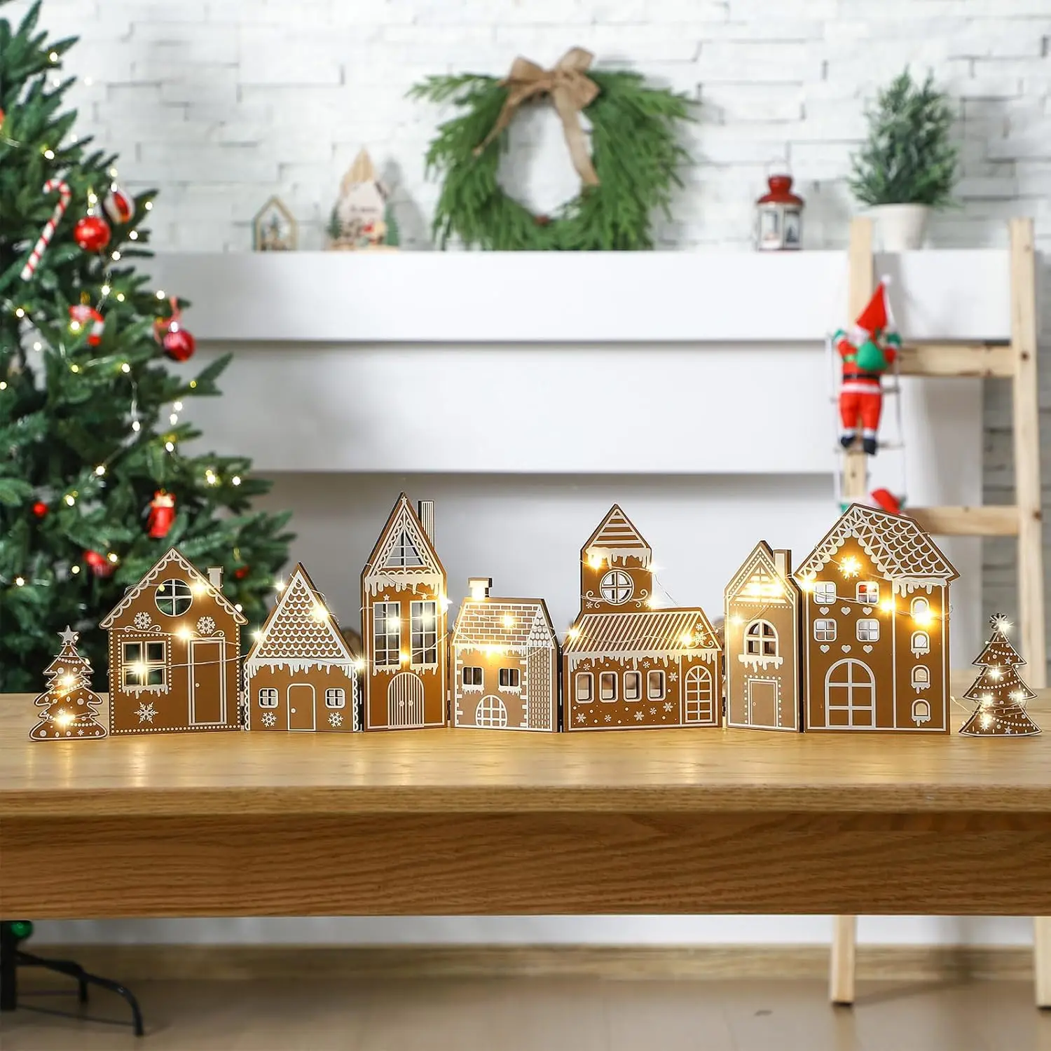 1 Set Foldable Christmas Gingerbread House Decoration, Woody Kitchen Decor with LED Light, Lighted Holiday Display Gift for Xmas Party Home Village (None Assembly Required), Lighted Holiday Displays