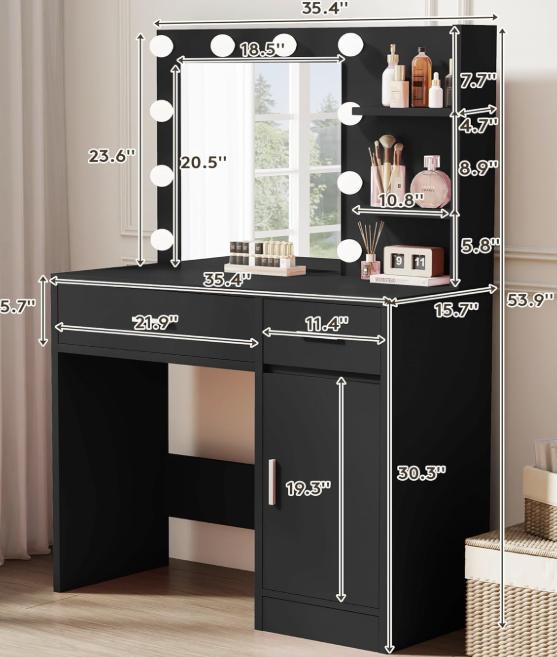 WeCharmer Vanity Desk Set with Round Mirror, Vanity with Lights, Makeup Vanity with Mirror, 3 Lighting Modes, for Bedroom Furniture Table Storage Drawer Modern Design Organizing