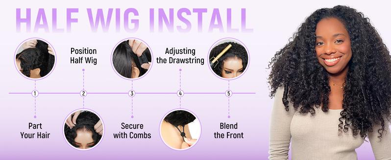 [3 IN 1 Half Wig]Tuneful Half Wig Human Hair Burmese Curly Wig for Women 180% Density Wear Go Glueless Wigs Human Hair 3 In 1 Seamless Flip Headband Wig Hairline Beginner Friendly with Spiral End Natural Color