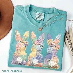 Comfor Colors Patchwork Easter Bunny PRINT T-shirt, Cute Vintage Cottagecore Bunny Shirt, Cotton Tee