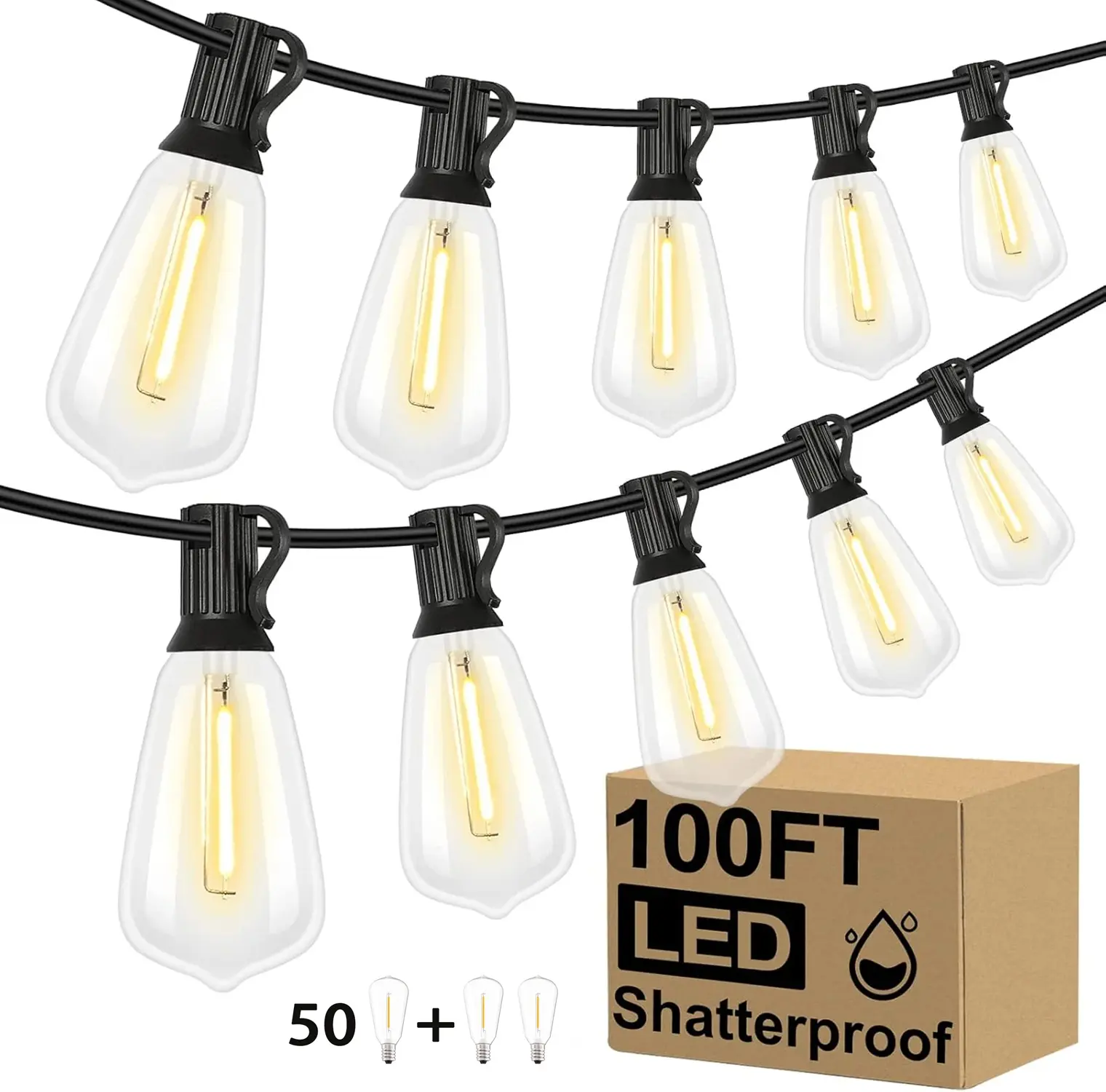 Outdoor String Lights, 110ft Waterproof LED Hanging Lights with Shatterproof Plastic ST38 Edison Bulbs - Dimmable for Back Porch, Backyard Relaxation, Party Use on Deck, Gazebo, Balcony, Bistro, Cafe, Pergola