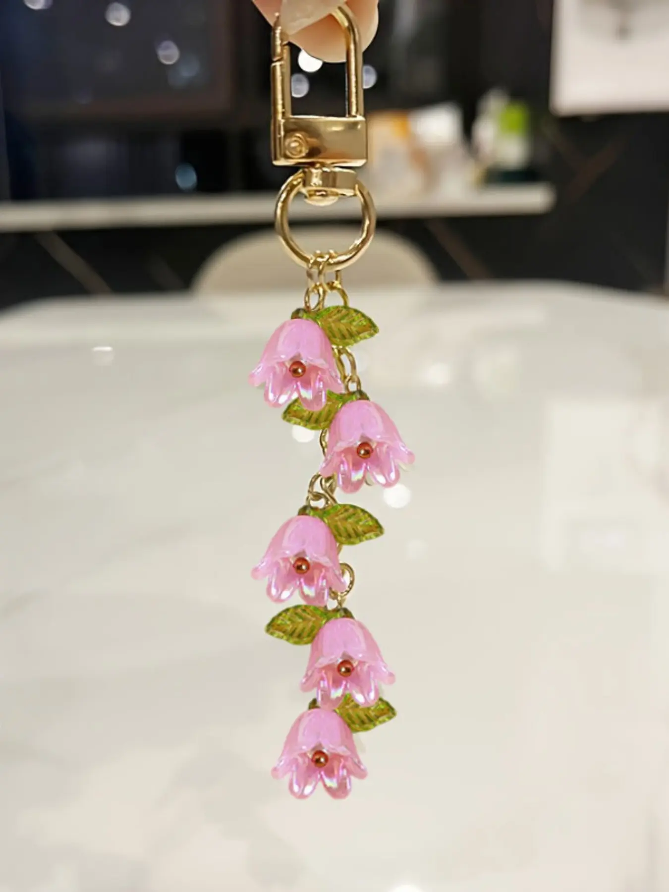 Women's Lily of the Valley Beaded Flower Keychain, Floral Pendant Bag Charm & Key Ring for Backpack & Car Keys, Christmas Gift