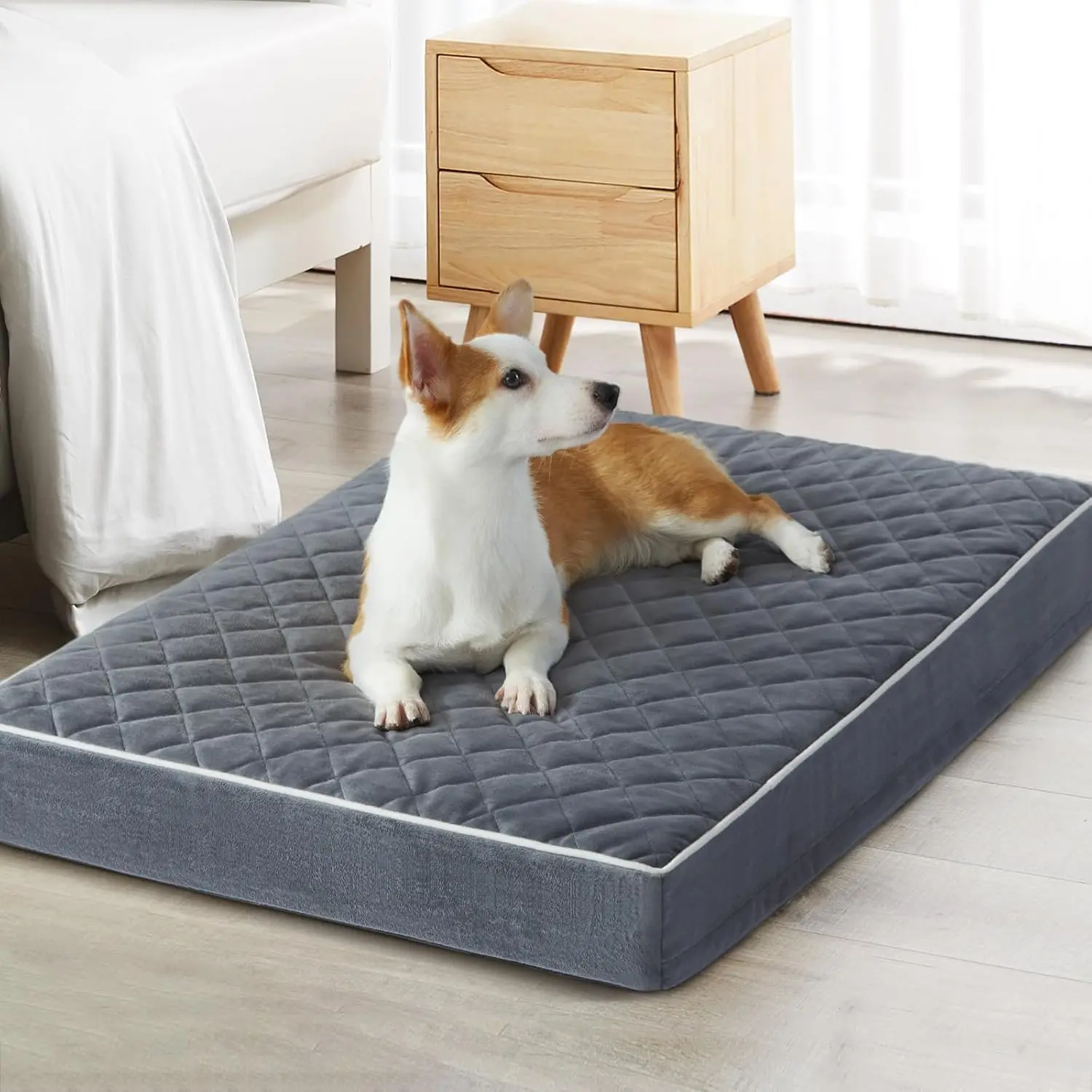 XXL Orthopedic Waterproof Dog Crate Bedding Pad (47 x 29 x 3.5 inches) - Plaid, High Density Foam, Spillproof, Washable, Multi-Needle Quilting, Self-Warming, Thick Cushion with Snap, L-Shaped Zippers Removable Cover for Extra Large Dogs with Ample Space,