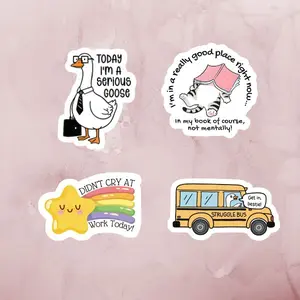 Funny Meme Sticker books Set (4PCS) – Serious Goose, Bookish Cat Reader, Did Not Cry at Work Today, Struggle Bus, Decals Cute for Laptop, Water Bottle, Journal