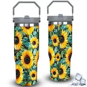 1pc 30oz Sunflower Pattern Tumbler with Lid, Insulated Travel Mug, Gift for Women Men, Ideal for Halloween, Independence Day, Memorial Birthday Gift, Coffee Cup, weird stuff
