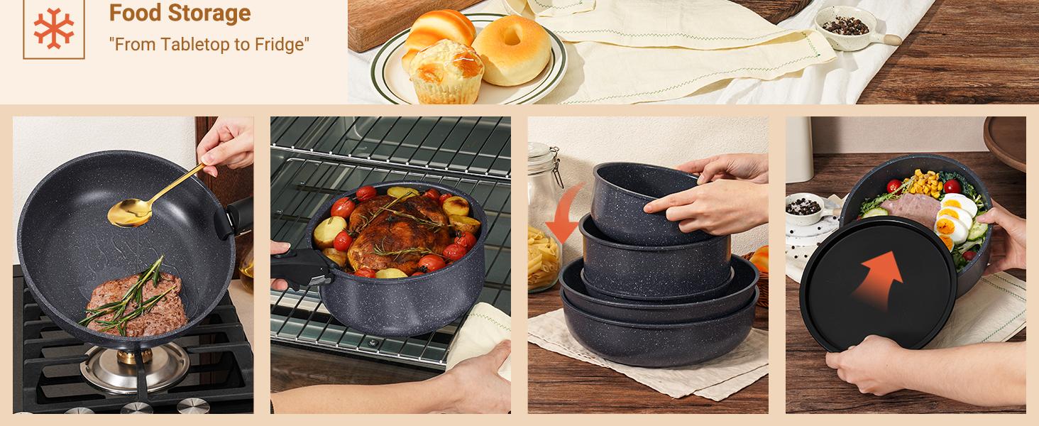 【New product deal】 SODAY 15pcs Kitchen Cookware SetsNon-toxic Healthy Nonstick Kitchen Cooking Set with, Frying Pans,,Kitchenware,Healthy Non Stick RV Cookware Set Detachable Handle,Oven Safe & PFOA Fre