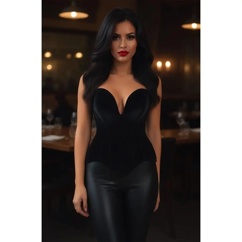 Top Drawer Steel Boned Black Velvet Plunge Neckline Overbust Corset