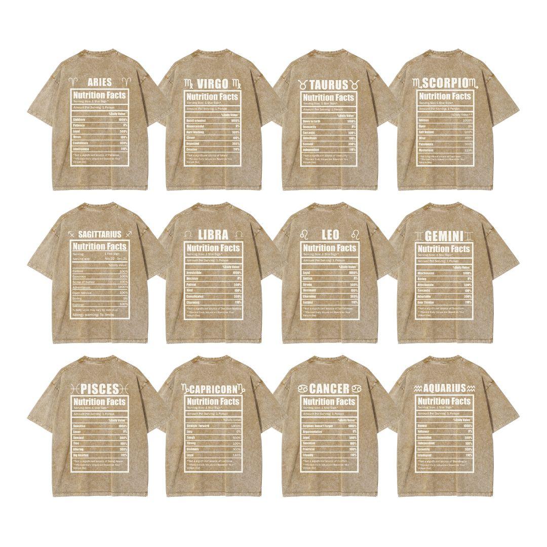 S - 5XL Unisex Vintage Washed Tee Zodiac Nutrition Facts T-shirt Astrology Crewneck Top Horoscope Graphic Tee Star Sign Lucky Charm Birthday Gift Printed Zodiac Sign Clothes Retro Casual Style 100% Cotton Fabric
