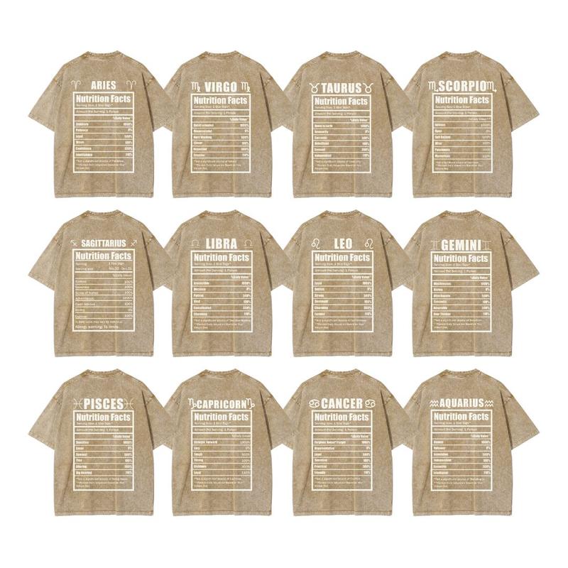 S - 5XL Unisex Vintage Washed Tee Zodiac Nutrition Facts T-shirt Astrology Crewneck Top Horoscope Graphic Tee Star Sign Lucky Charm Birthday Gift Printed Zodiac Sign Clothes Retro Casual Style 100% Cotton Fabric