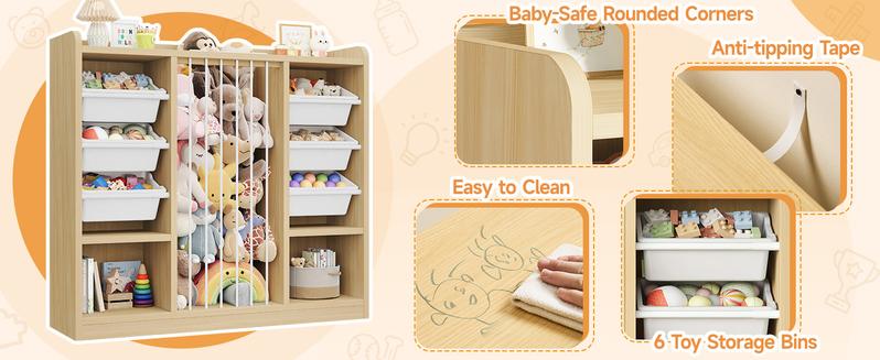 ONBRILL Toy Storage Organizer with 6 Removable Plastic Bins, Toddler Stuffed Animal Storage, Toy Box Cabinet with 2 Open Cubbies, Book Shelf for Kids Room Playroom Bedroom Nursery