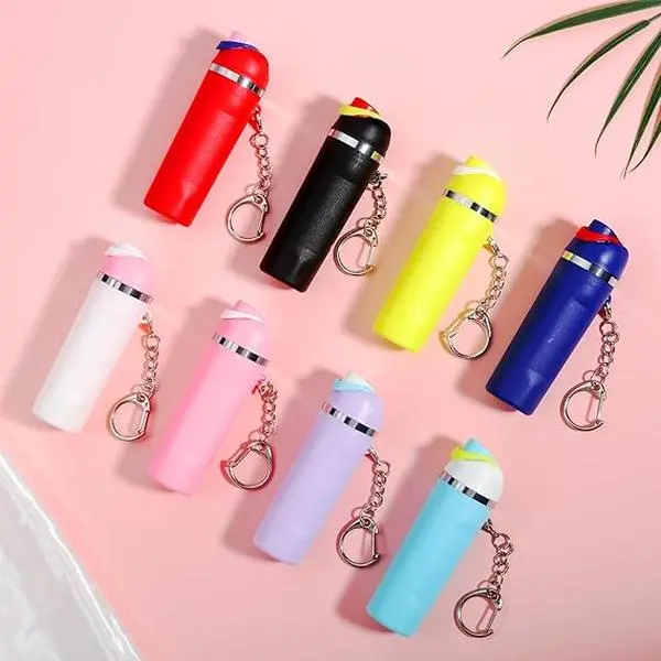 Women's 8pcs Assorted Vibrant Colors Kawaii Mini Tumbler Keychains - Gold-Plated Alloy Charms, 3.4in H x 3.4in x 1.2in W, Lip Balm/Coin Holder, Kawaii Accessories, Keychain for Bags, Bag Charm Styling, Fashion Costume Jewelry