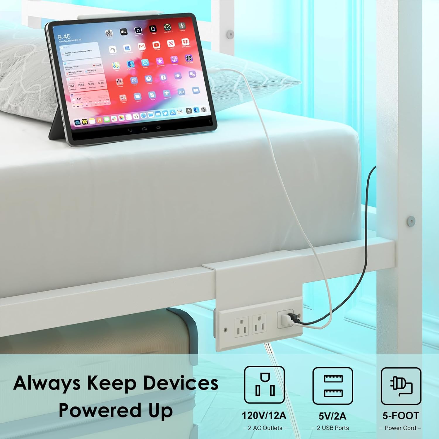 Full Size LED Bed Frame with Charging Station, Metal Platform Bed with USB Ports & Outlets, Heavy Duty Frame with Under Bed Storage, Easy Assembly