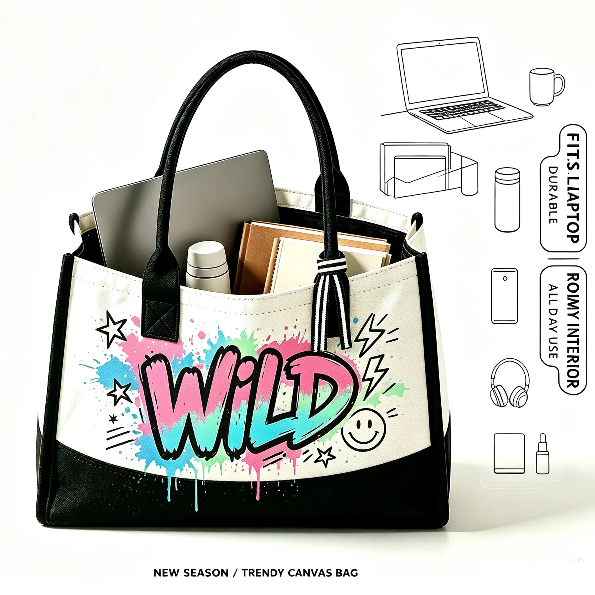 Women's Vintage New York Champion Graffiti Letters Canvas Tote Bag - Large Capacity 2-Tone Top Handle Handbag, Collapsible Wild Street Graffiti Free Style for Daily Work, Shopping - Foil