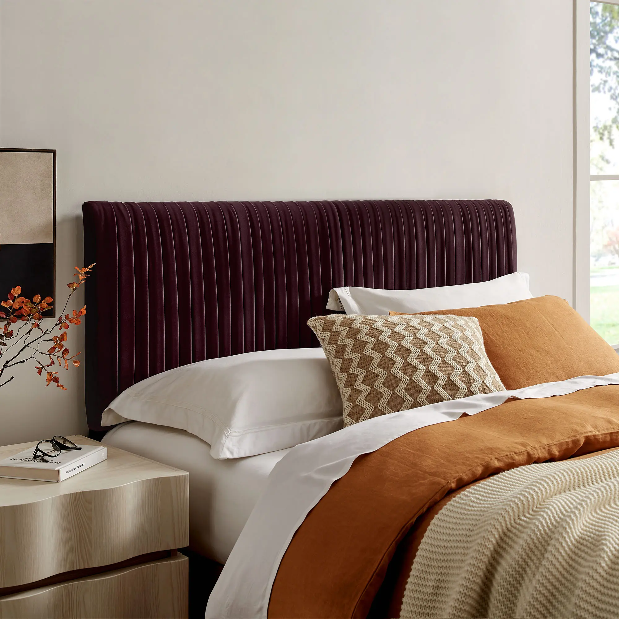 Modway Eloise Art Deco Style Upholstered Full Headboard - Mulberry Stain-Resistant Performance Velvet, Ruched Fabric, 7 Mounting Positions, Ideal for Teen Bedroom, Headboards